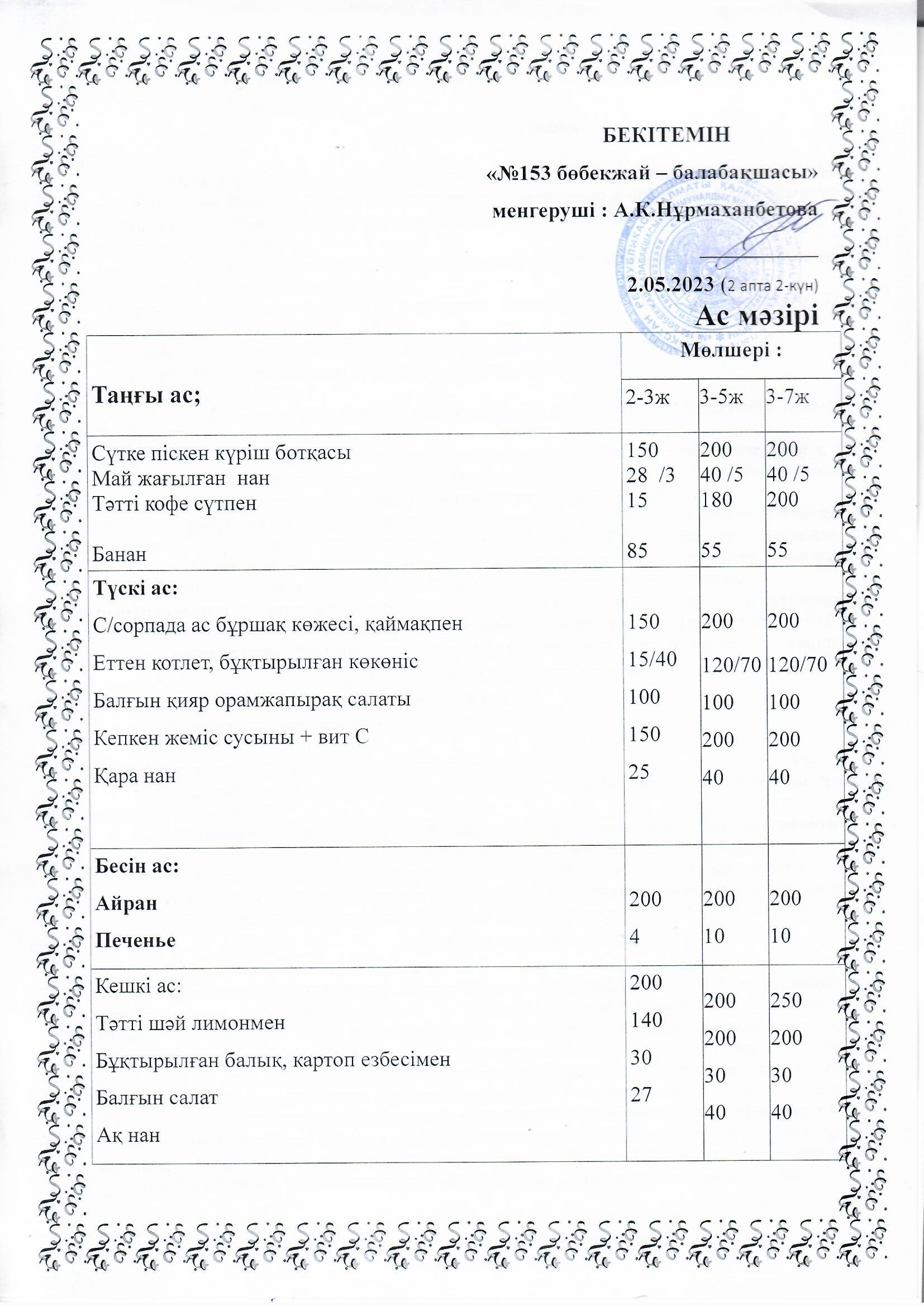 Ас мәзірі  02.05.2023 ж