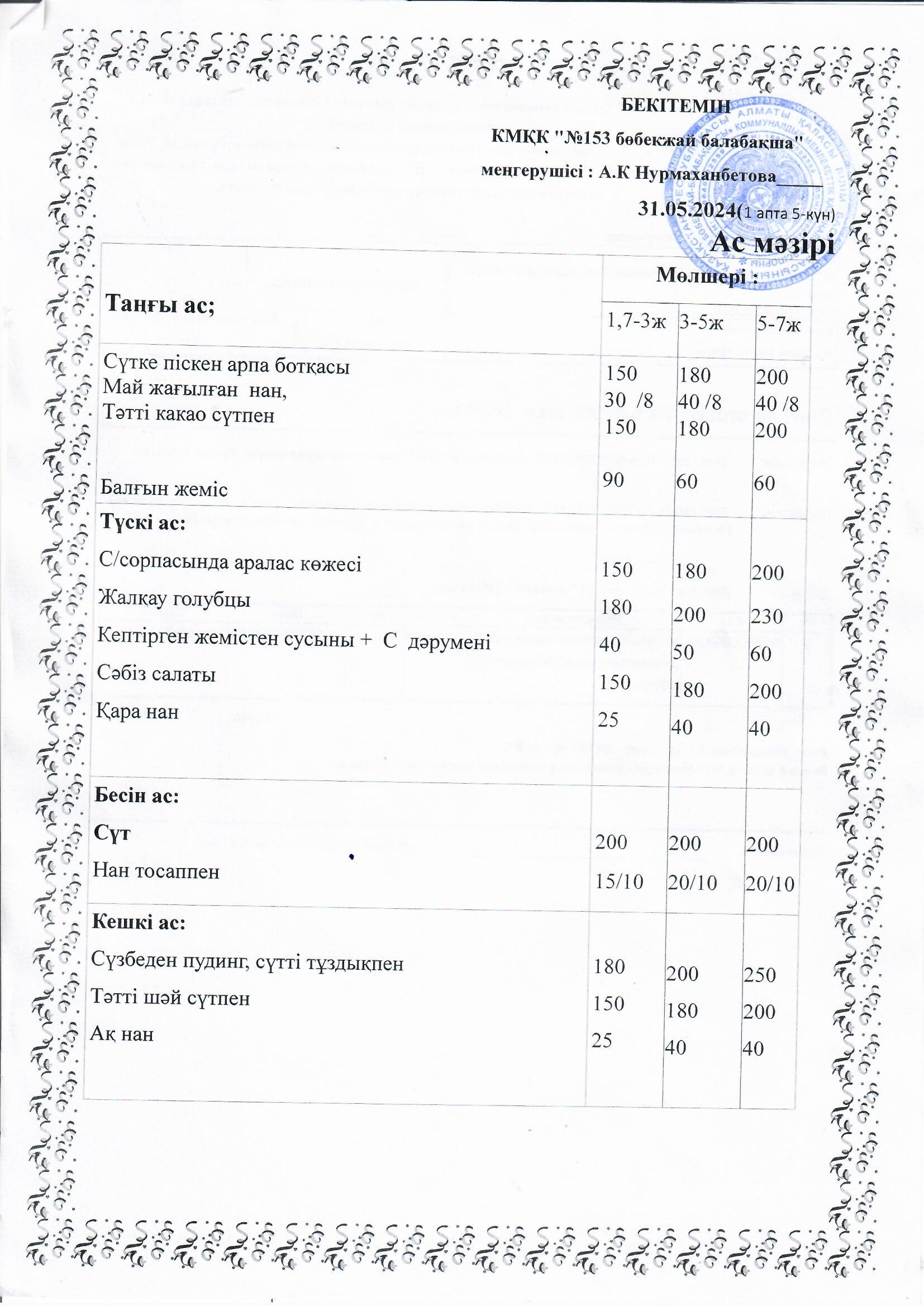 Ас мәзірі 31.05.2024 ж