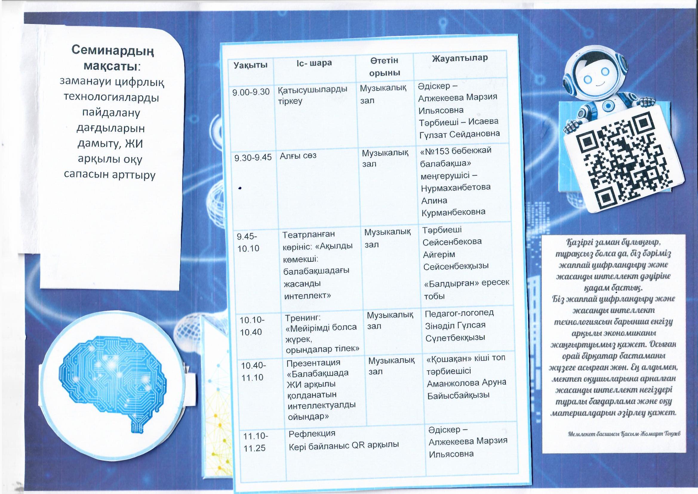 Театрланған көрініс: "Ақылды көмекші балабақшадағы жасанды интеллект" тақырыбында қалалық семинар өткізілді. Мақсаты: заманауи цифрлық технологияларды пайдалану дағдыларын дамыту, ЖИ арқылы  оқу сапасын арттыру