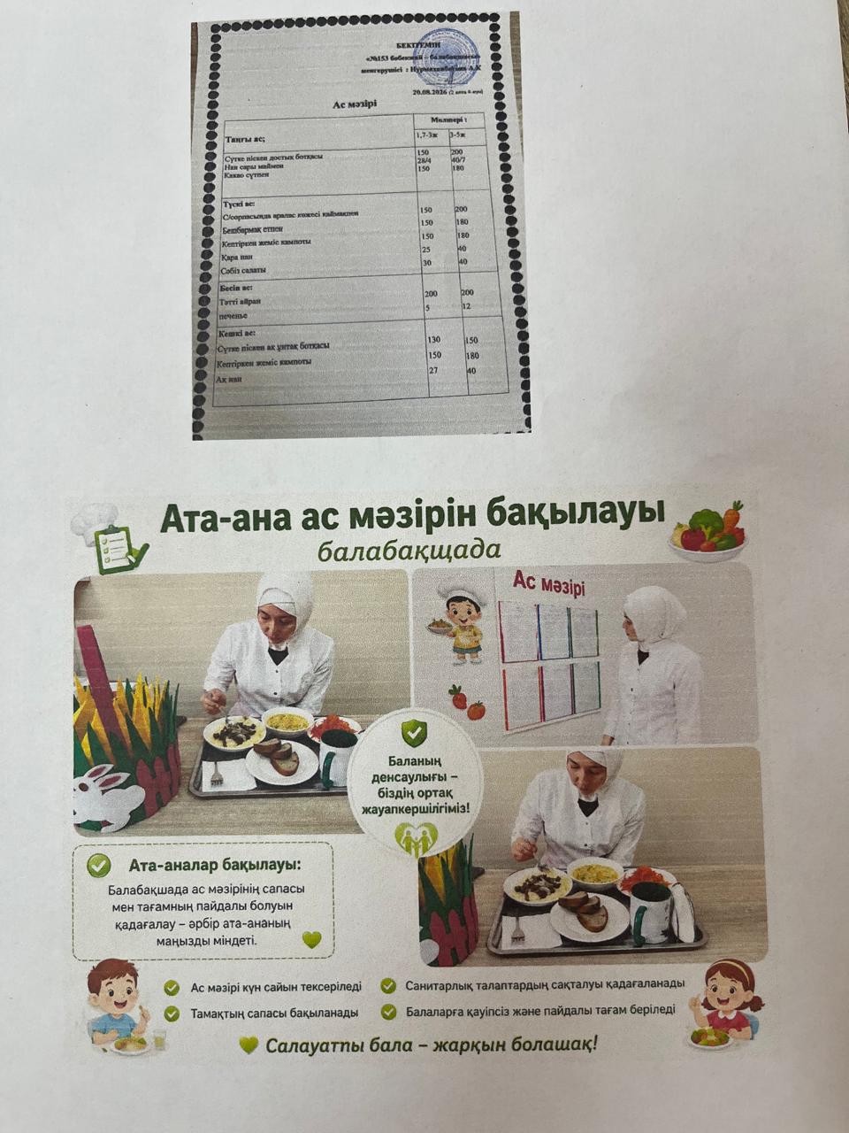 Түскі ас мәзірін "Қошақан" кіші тобының ата -анасы Моминжанова Наргиза органолептикалық көрсеткіштерін бақылады
